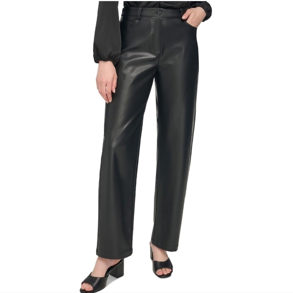Calvin Klein New Womens Faux Leather Straight Trouser Pants Black Size 14 - Picture 1 of 15